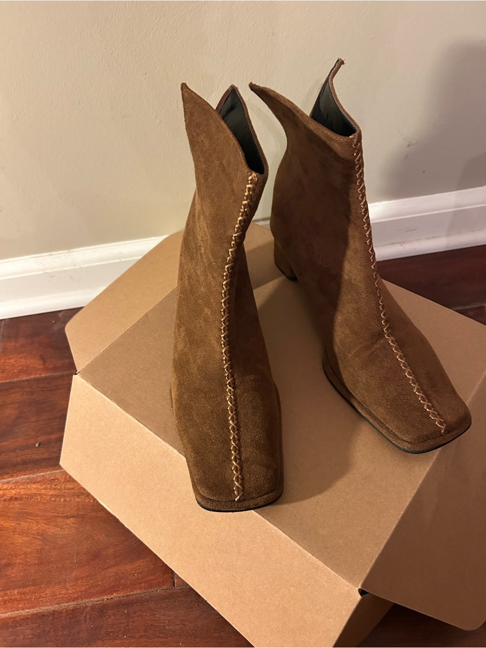 Women's Brown Faux Suede Ankle Boots with Decorative Stitching